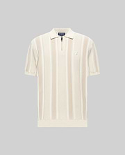 Mens Cliff Knit Zip Polo, a classic fit cream and beige vertical ribbed knit polo with quarter-zip, classic collar, short ribbed sleeves, ribbed hem, and small embroidered Psycho Bunny skull logo on left chest.
