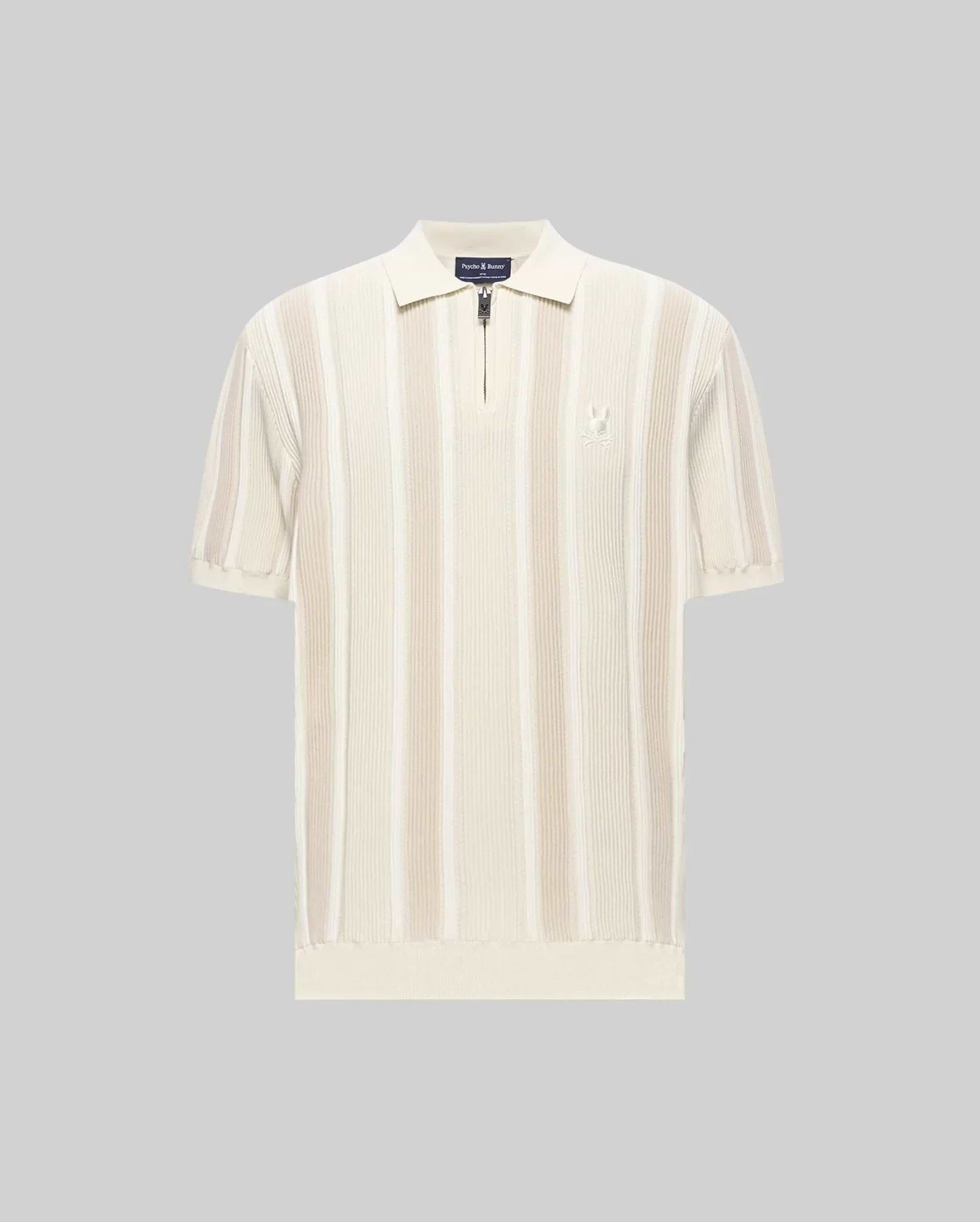 Mens Cliff Knit Zip Polo, a classic fit cream and beige vertical ribbed knit polo with quarter-zip, classic collar, short ribbed sleeves, ribbed hem, and small embroidered Psycho Bunny skull logo on left chest.