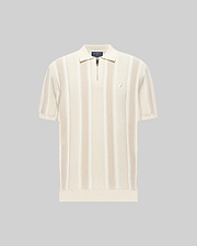Mens Cliff Knit Zip Polo, a classic fit cream and beige vertical ribbed knit polo with quarter-zip, classic collar, short ribbed sleeves, ribbed hem, and small embroidered Psycho Bunny skull logo on left chest.