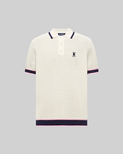 Cream textured knit Mens Dax Knit Polo with navy and pink striped collar, cuffs, and hem, featuring a small embroidered Psycho Bunny skull logo on the left chest. (5)