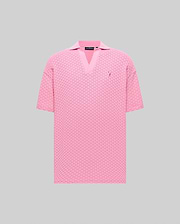 Mens Garen Knit Polo in pink, featuring a relaxed fit, textured basketweave knit, V-neck collar, and a small embroidered pink Psycho Bunny skull logo on the left chest. (5)