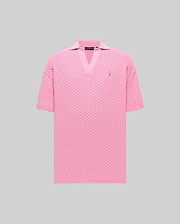 Mens Garen Knit Polo in pink, featuring a relaxed fit, textured basketweave knit, V-neck collar, and a small embroidered pink Psycho Bunny skull logo on the left chest. (5)