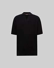 Mens Garen Knit Polo, a black relaxed fit textured knit polo with an open V-neck collar and a small embroidered black Psycho Bunny skull logo on the left chest. (4)