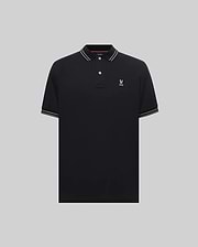 Black Mens Kenyon Pique Polo in classic fit pique knit, featuring a white striped collar and cuffs, with a small pink embroidered Psycho Bunny skull logo on the left chest. (4)