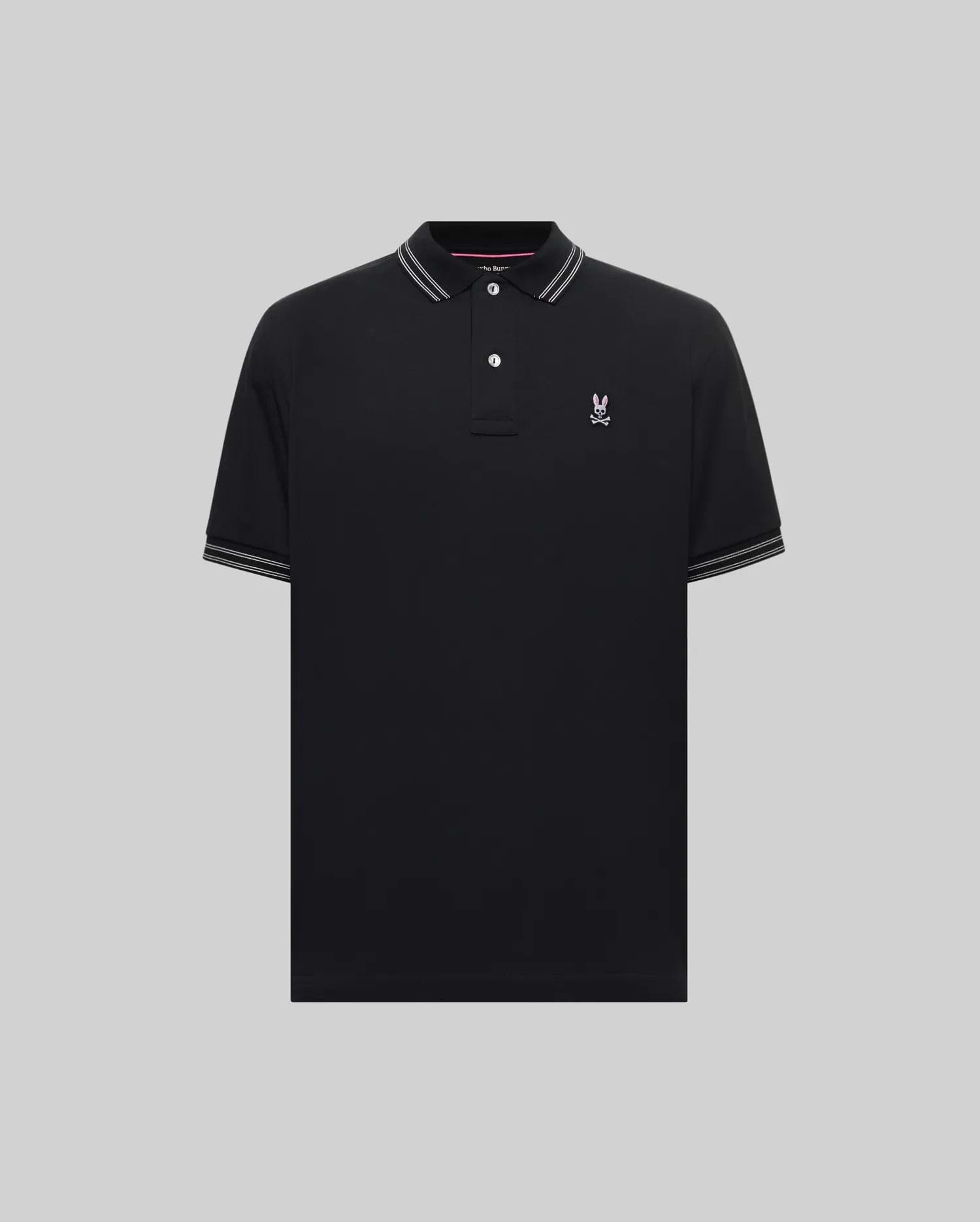 Black Mens Kenyon Pique Polo in classic fit pique knit, featuring a white striped collar and cuffs, with a small pink embroidered Psycho Bunny skull logo on the left chest. (4)