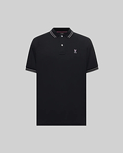 Black Mens Kenyon Pique Polo in classic fit pique knit, featuring a white striped collar and cuffs, with a small pink embroidered Psycho Bunny skull logo on the left chest. (4)