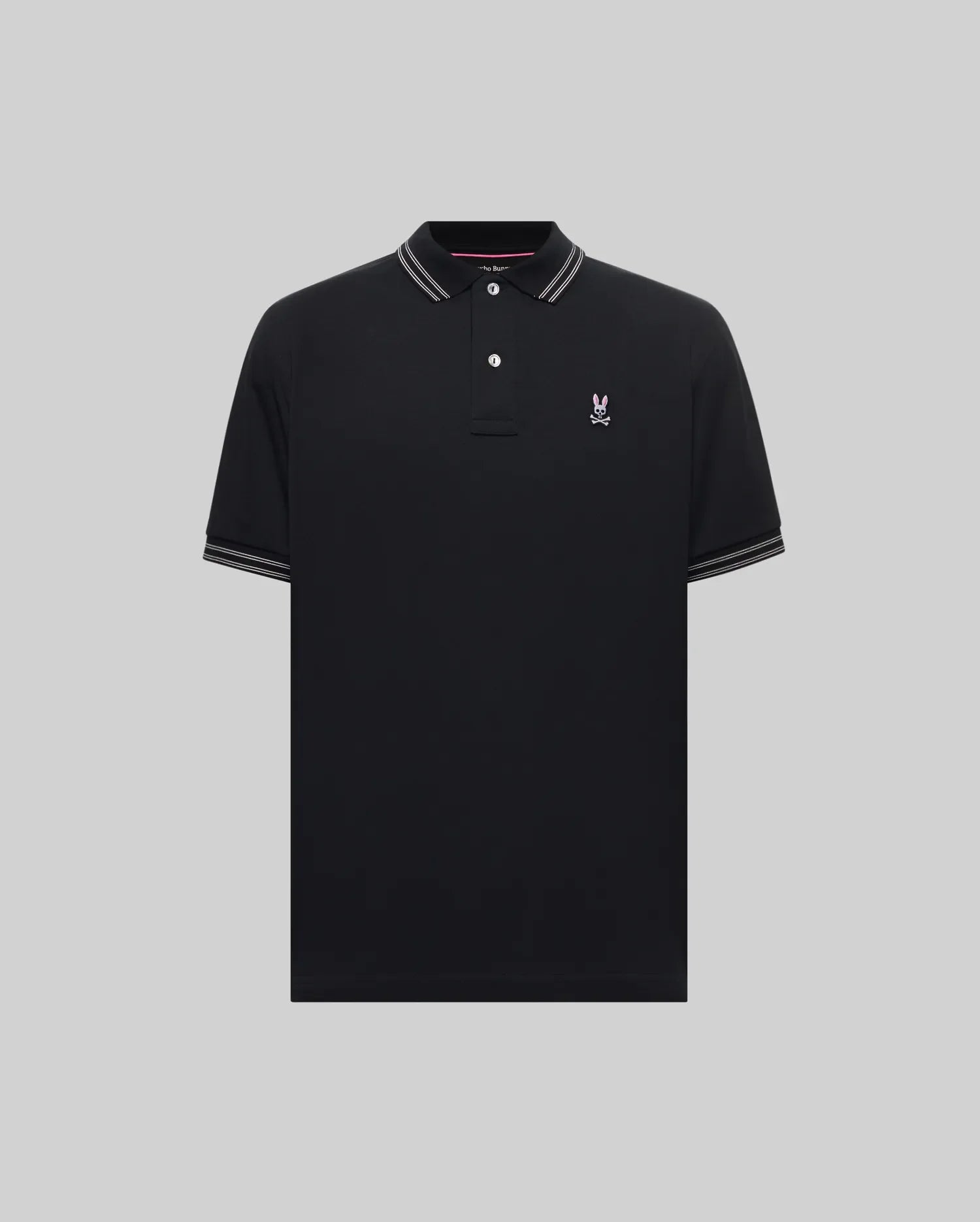 Black Mens Kenyon Pique Polo in classic fit pique knit, featuring a white striped collar and cuffs, with a small pink embroidered Psycho Bunny skull logo on the left chest. (4)