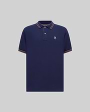 Mens Kenyon Pique Polo in navy blue pique knit, featuring a classic fit, embroidered white Psycho Bunny skull logo on the left chest, and orange-white striped ribbed collar and cuffs. (4)