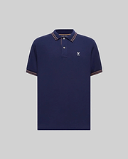 Mens Kenyon Pique Polo in navy blue pique knit, featuring a classic fit, embroidered white Psycho Bunny skull logo on the left chest, and orange-white striped ribbed collar and cuffs. (4)