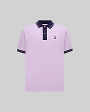 Mens Kenyon Pique Polo, a lavender classic fit pique polo with navy collar, two-button placket, navy cuffs with white stripes, and a small embroidered Psycho Bunny skull logo on the left chest.