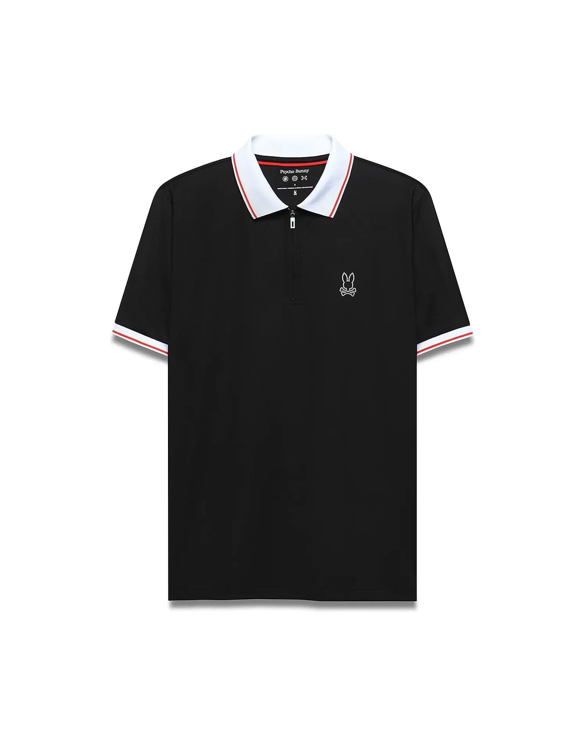 Mens Odin Zip Sport Polo, a classic fit black pique knit polo with a white collar and cuffs featuring a red stripe, and a quarter-zip placket, finished with a small embroidered white Psycho Bunny skull logo on the left chest.