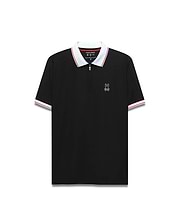 Mens Odin Zip Sport Polo, a classic fit black pique knit polo with a white collar and cuffs featuring a red stripe, and a quarter-zip placket, finished with a small embroidered white Psycho Bunny skull logo on the left chest.