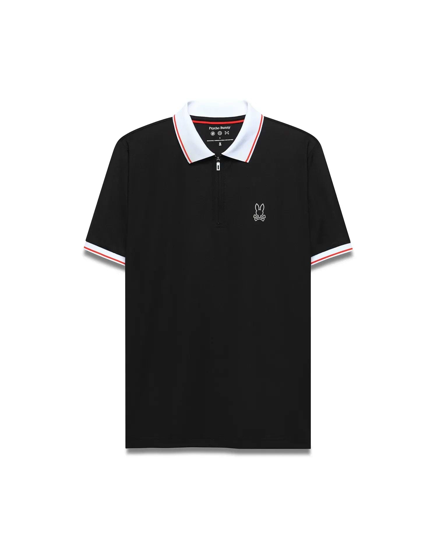Mens Odin Zip Sport Polo, a classic fit black pique knit polo with a white collar and cuffs featuring a red stripe, and a quarter-zip placket, finished with a small embroidered white Psycho Bunny skull logo on the left chest.