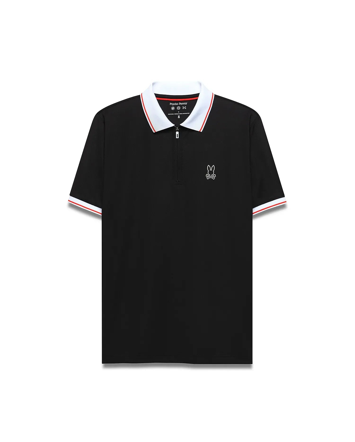 Mens Odin Zip Sport Polo, a classic fit black pique knit polo with a white collar and cuffs featuring a red stripe, and a quarter-zip placket, finished with a small embroidered white Psycho Bunny skull logo on the left chest.