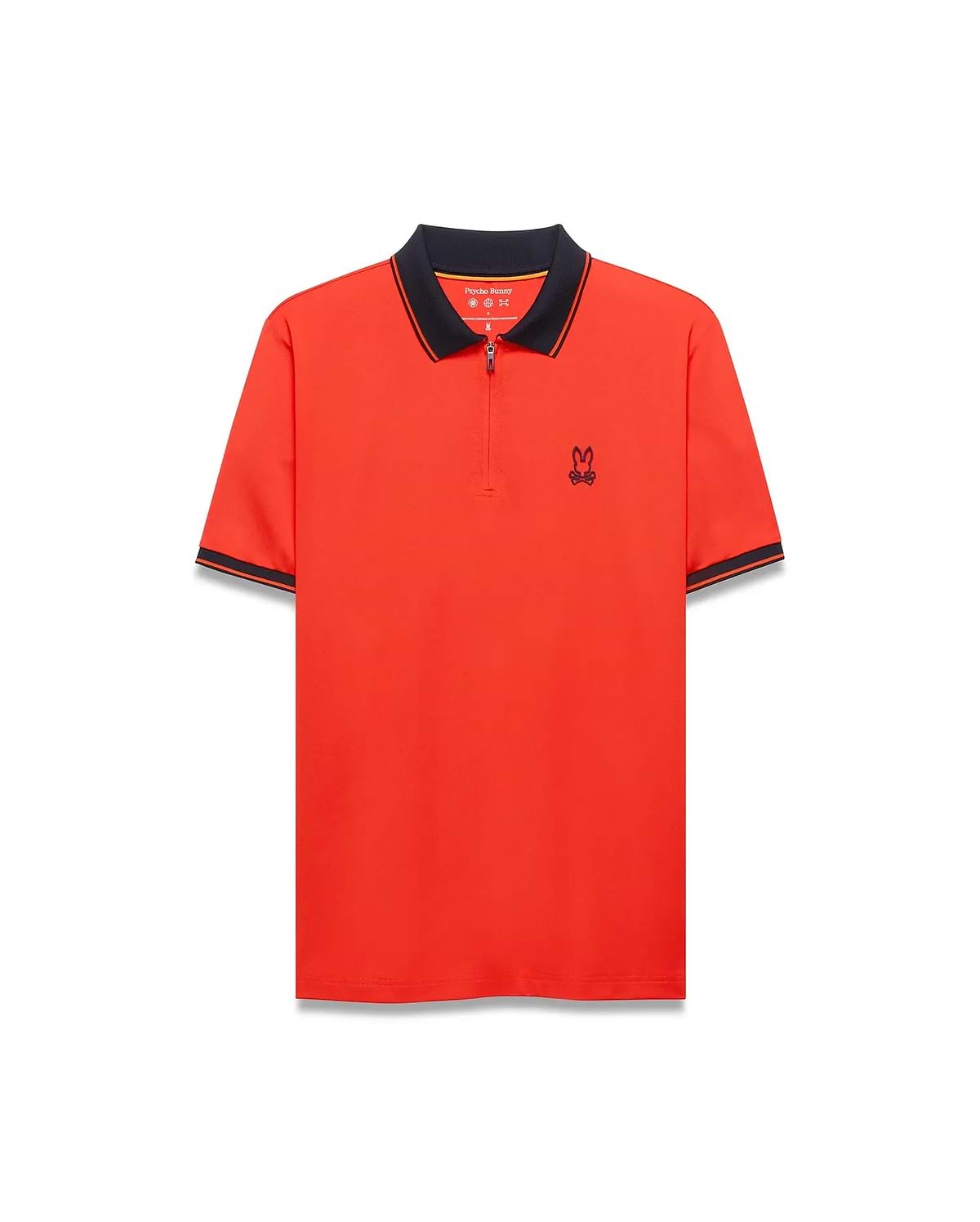 Mens Odin Zip Sport Polo, vibrant orange, classic fit, smooth fabric, with a navy ribbed collar and cuffs featuring orange tipping, quarter-zip placket, and a small embroidered navy Psycho Bunny skull logo on the left chest.