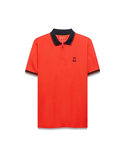 Mens Odin Zip Sport Polo, vibrant orange, classic fit, smooth fabric, with a navy ribbed collar and cuffs featuring orange tipping, quarter-zip placket, and a small embroidered navy Psycho Bunny skull logo on the left chest.