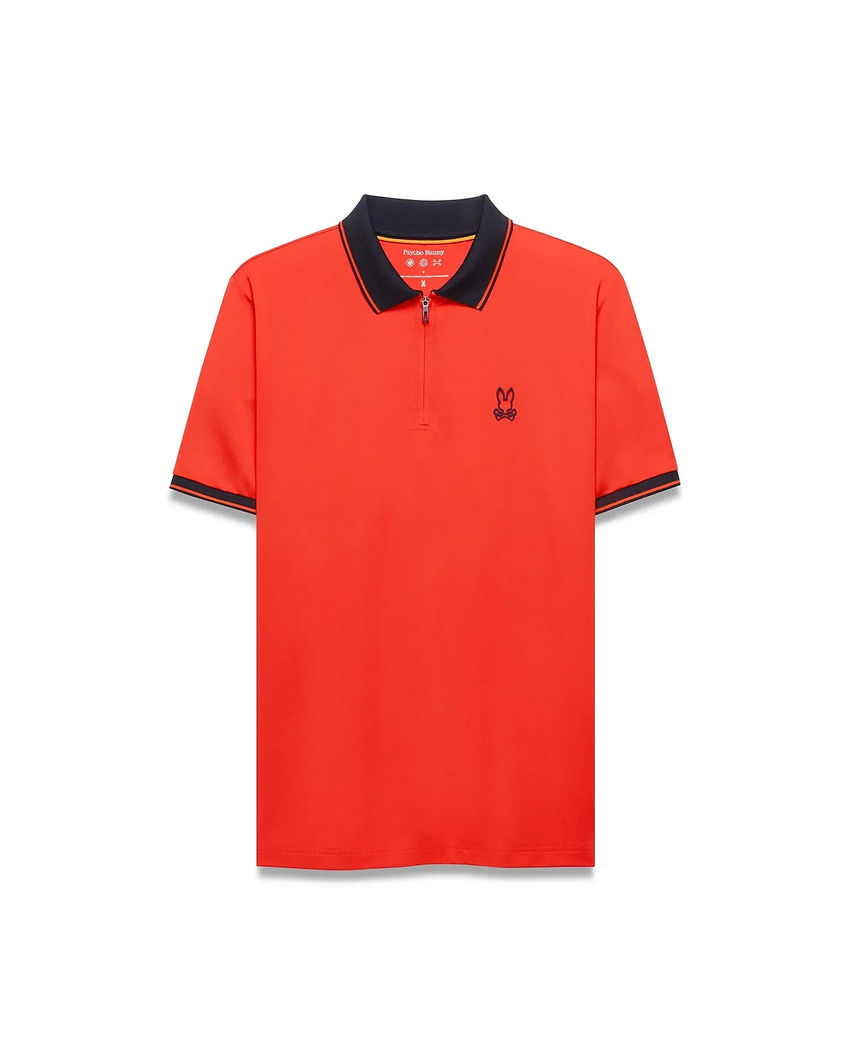 Mens Odin Zip Sport Polo, vibrant orange, classic fit, smooth fabric, with a navy ribbed collar and cuffs featuring orange tipping, quarter-zip placket, and a small embroidered navy Psycho Bunny skull logo on the left chest.