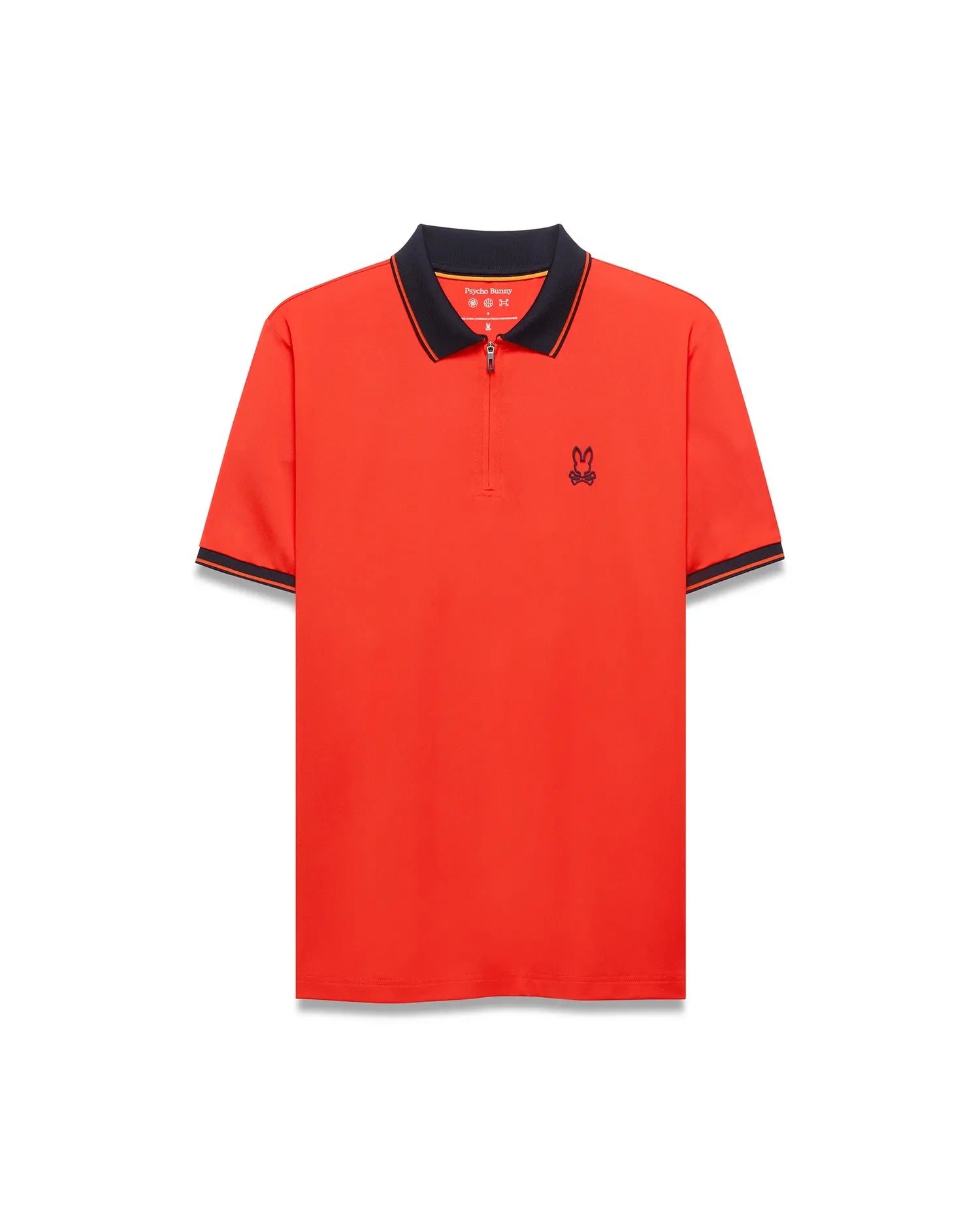 Mens Odin Zip Sport Polo, vibrant orange, classic fit, smooth fabric, with a navy ribbed collar and cuffs featuring orange tipping, quarter-zip placket, and a small embroidered navy Psycho Bunny skull logo on the left chest.