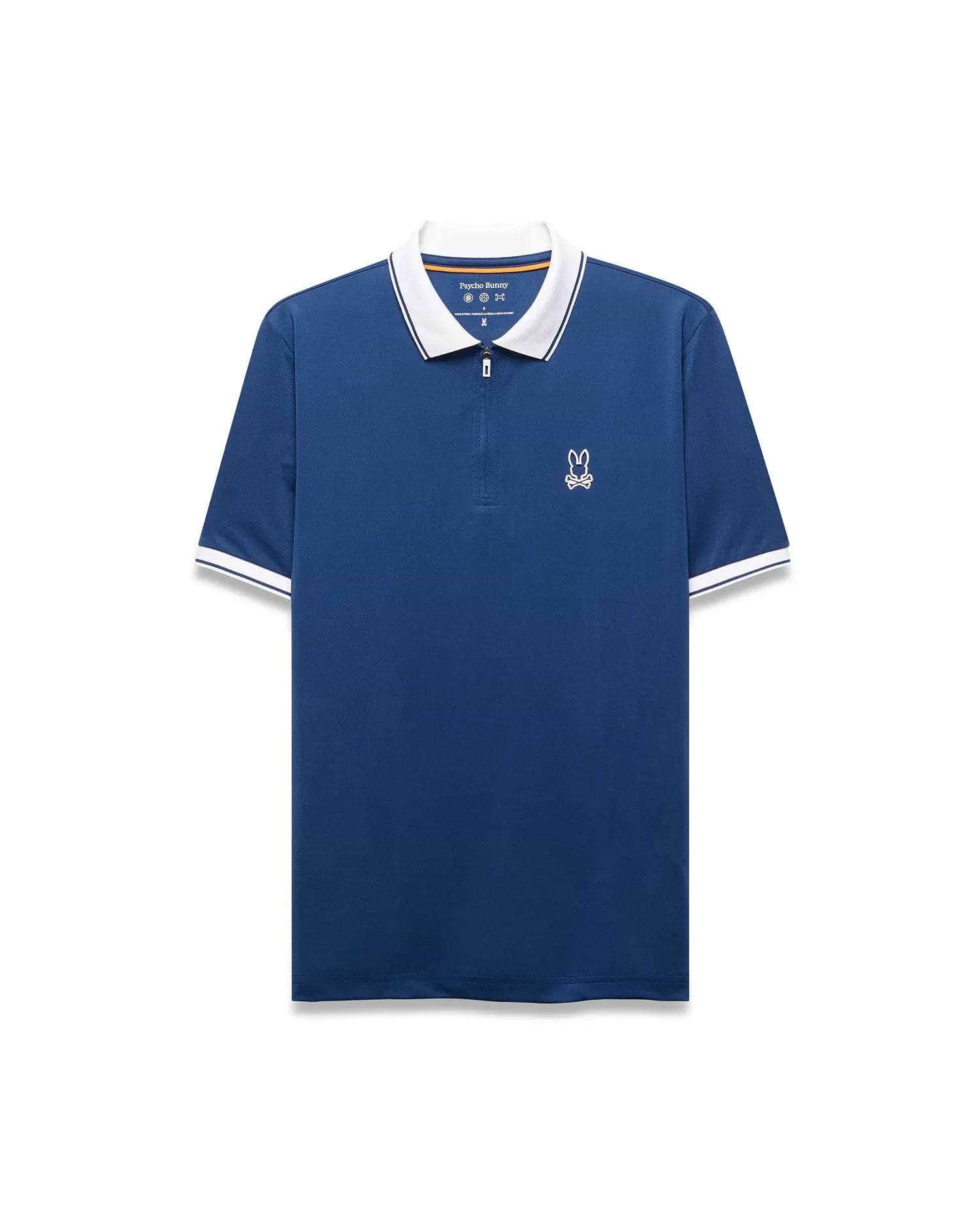 Mens Odin Zip Sport Polo, deep blue performance fabric, white collar with blue stripe, quarter-zip placket, and white embroidered Psycho Bunny skull logo on left chest. White striped cuffs.