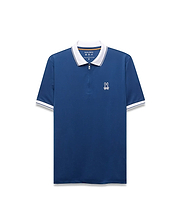Mens Odin Zip Sport Polo, deep blue performance fabric, white collar with blue stripe, quarter-zip placket, and white embroidered Psycho Bunny skull logo on left chest. White striped cuffs.
