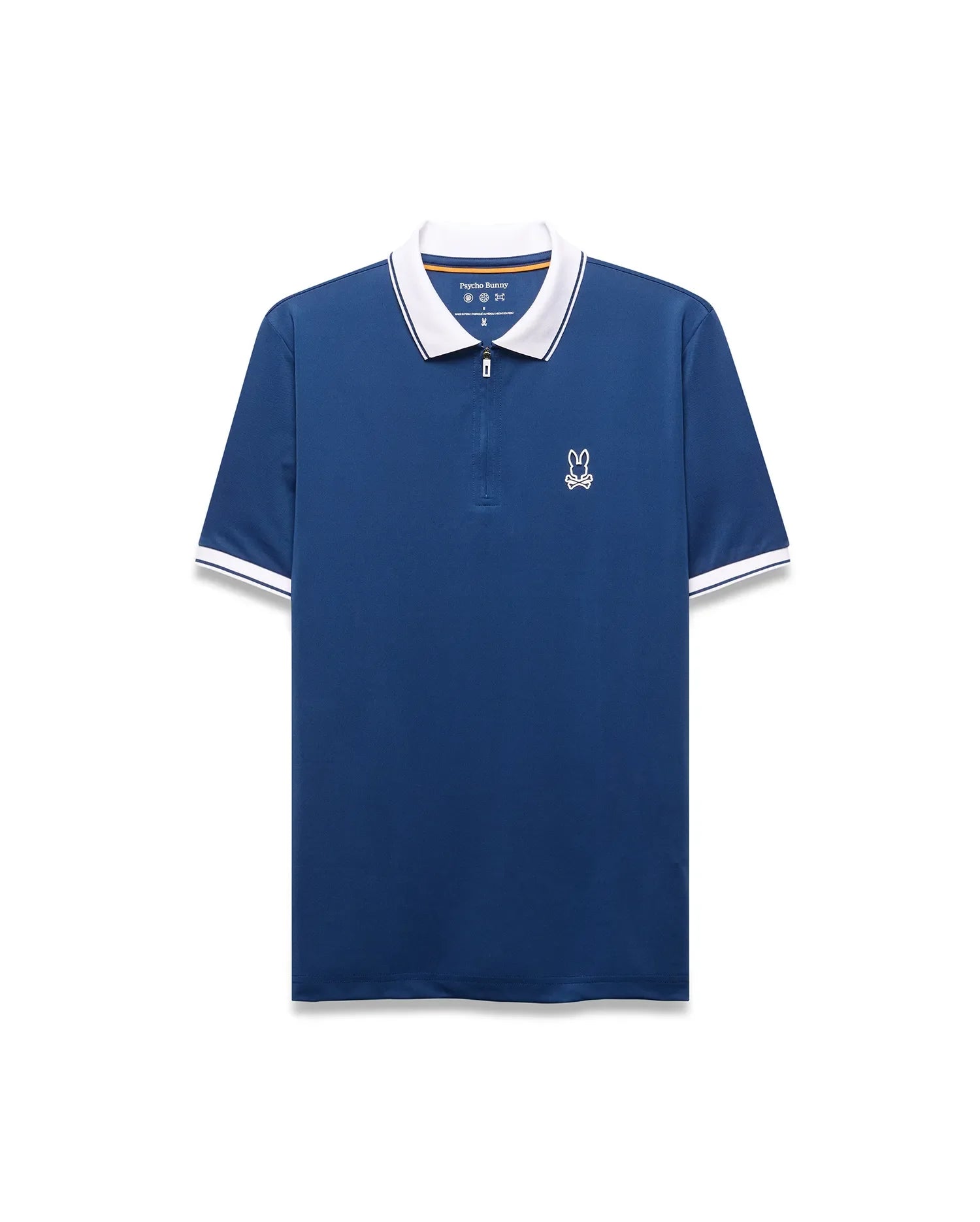 Mens Odin Zip Sport Polo, deep blue performance fabric, white collar with blue stripe, quarter-zip placket, and white embroidered Psycho Bunny skull logo on left chest. White striped cuffs.