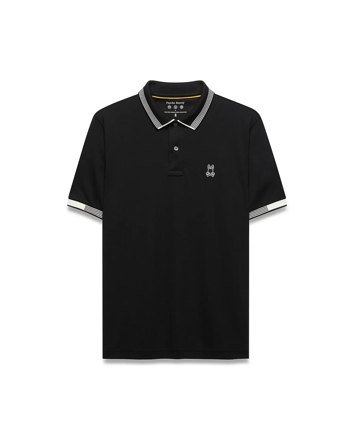 Mens Timmy Interlock Polo, a classic fit black interlock knit polo shirt with white striped collar and cuffs, featuring a small white embroidered Psycho Bunny skull logo on the left chest.