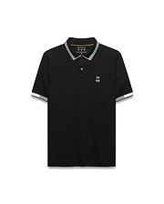 Mens Timmy Interlock Polo, a classic fit black interlock knit polo shirt with white striped collar and cuffs, featuring a small white embroidered Psycho Bunny skull logo on the left chest.