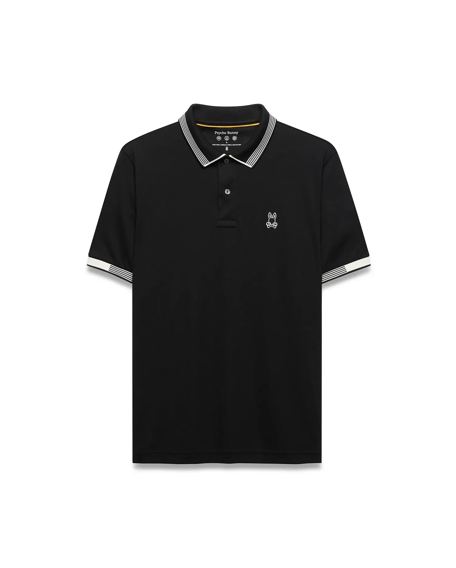 Mens Timmy Interlock Polo, a classic fit black interlock knit polo shirt with white striped collar and cuffs, featuring a small white embroidered Psycho Bunny skull logo on the left chest.