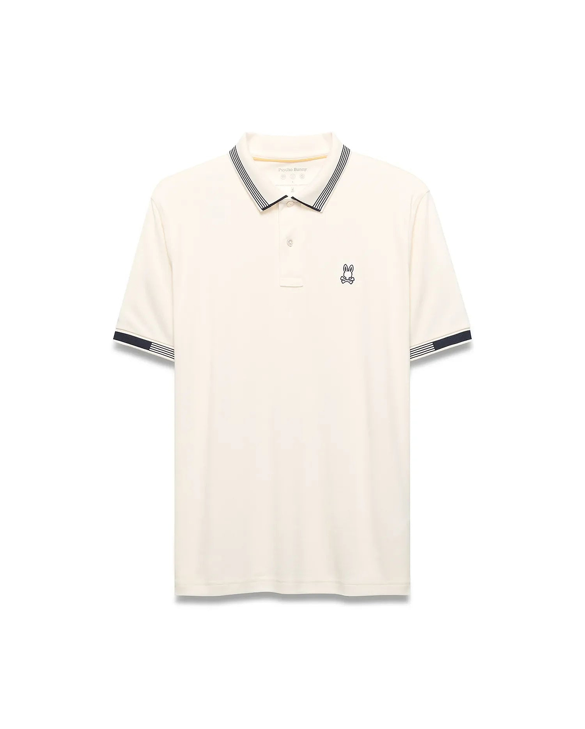 Mens Timmy Interlock Polo, cream interlock knit with navy and white striped collar and cuffs, featuring a small embroidered Psycho Bunny skull logo on the left chest.