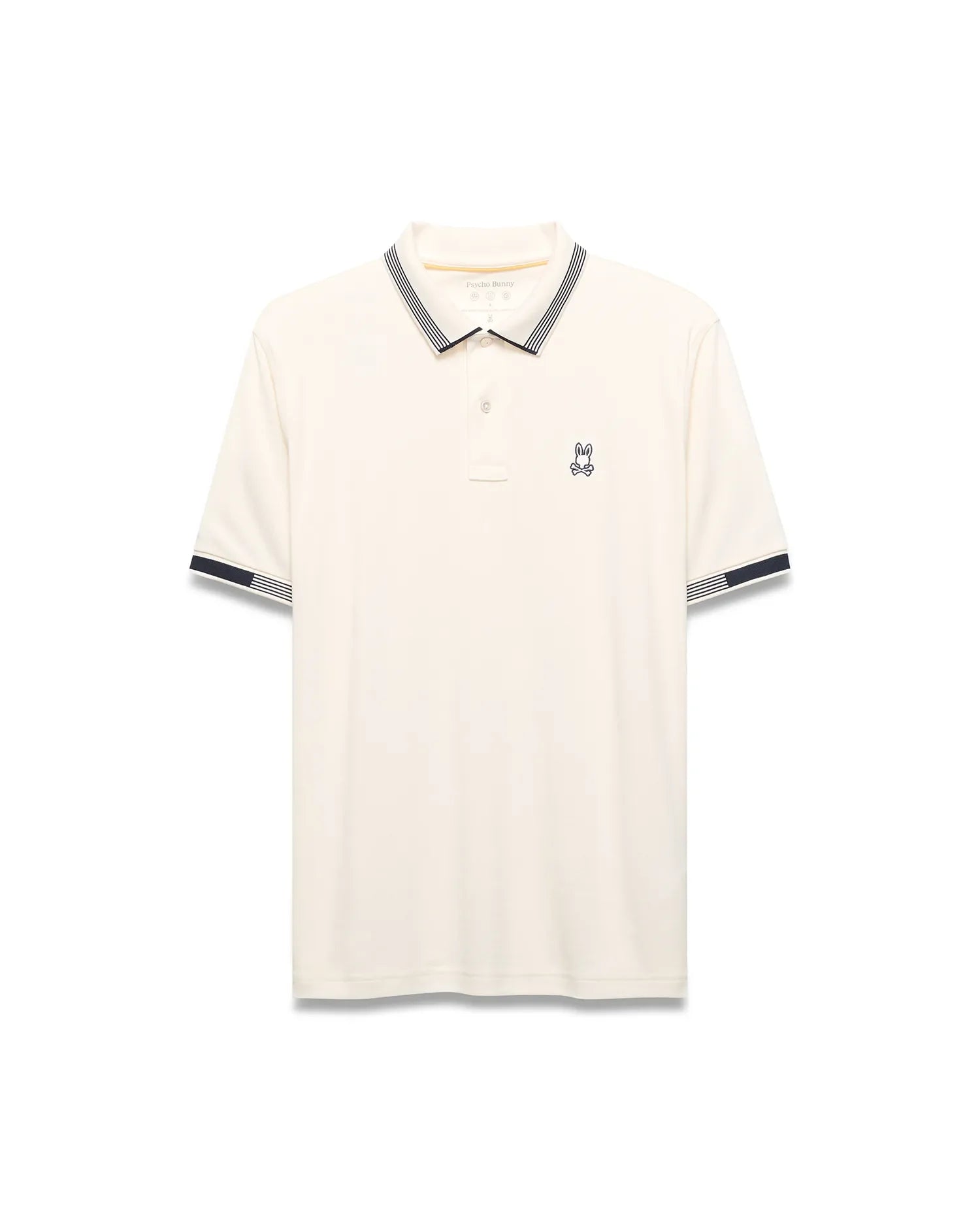 Mens Timmy Interlock Polo, cream interlock knit with navy and white striped collar and cuffs, featuring a small embroidered Psycho Bunny skull logo on the left chest.