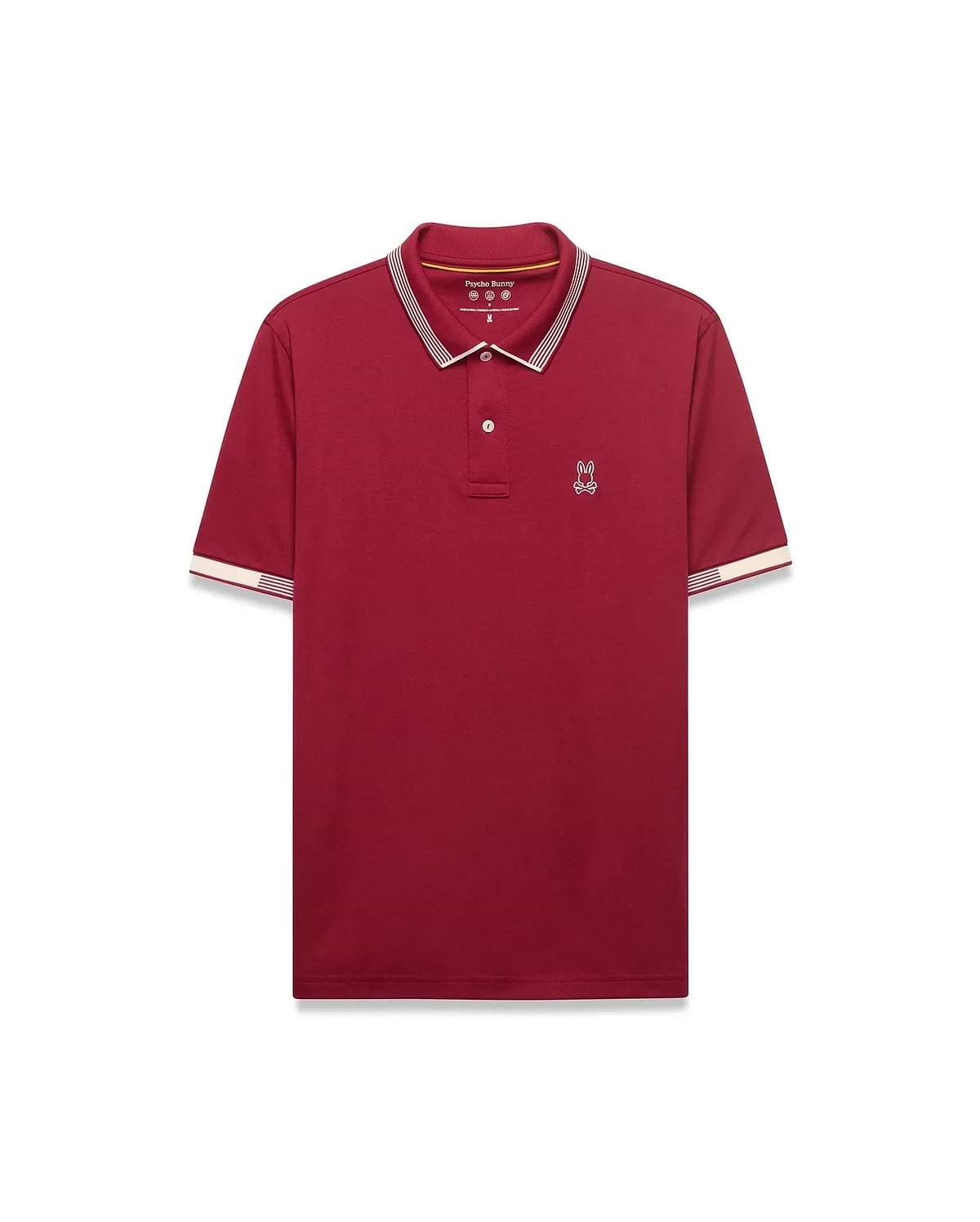 Mens Timmy Interlock Polo in rich red, classic fit, smooth interlock knit. Features white and red striped ribbed collar and cuffs, two white buttons, and a small white embroidered Psycho Bunny skull logo on the left chest.