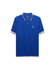 Mens Timmy Interlock Polo in royal blue, featuring a classic fit, smooth interlock fabric, white and yellow striped collar, white striped cuffs, and a small embroidered white Psycho Bunny skull logo on the left chest.