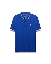 Mens Timmy Interlock Polo in royal blue, featuring a classic fit, smooth interlock fabric, white and yellow striped collar, white striped cuffs, and a small embroidered white Psycho Bunny skull logo on the left chest.