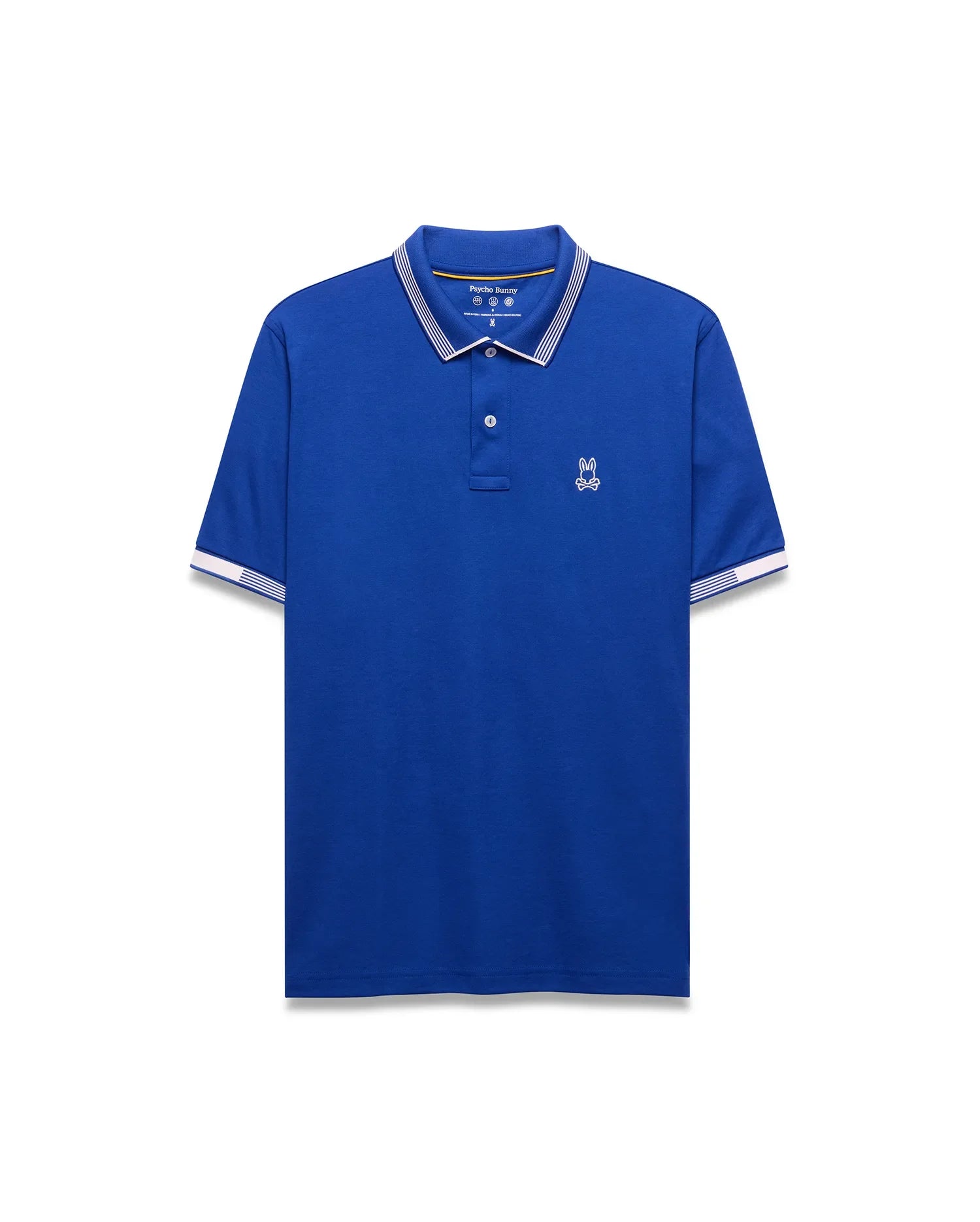 Mens Timmy Interlock Polo in royal blue, featuring a classic fit, smooth interlock fabric, white and yellow striped collar, white striped cuffs, and a small embroidered white Psycho Bunny skull logo on the left chest.