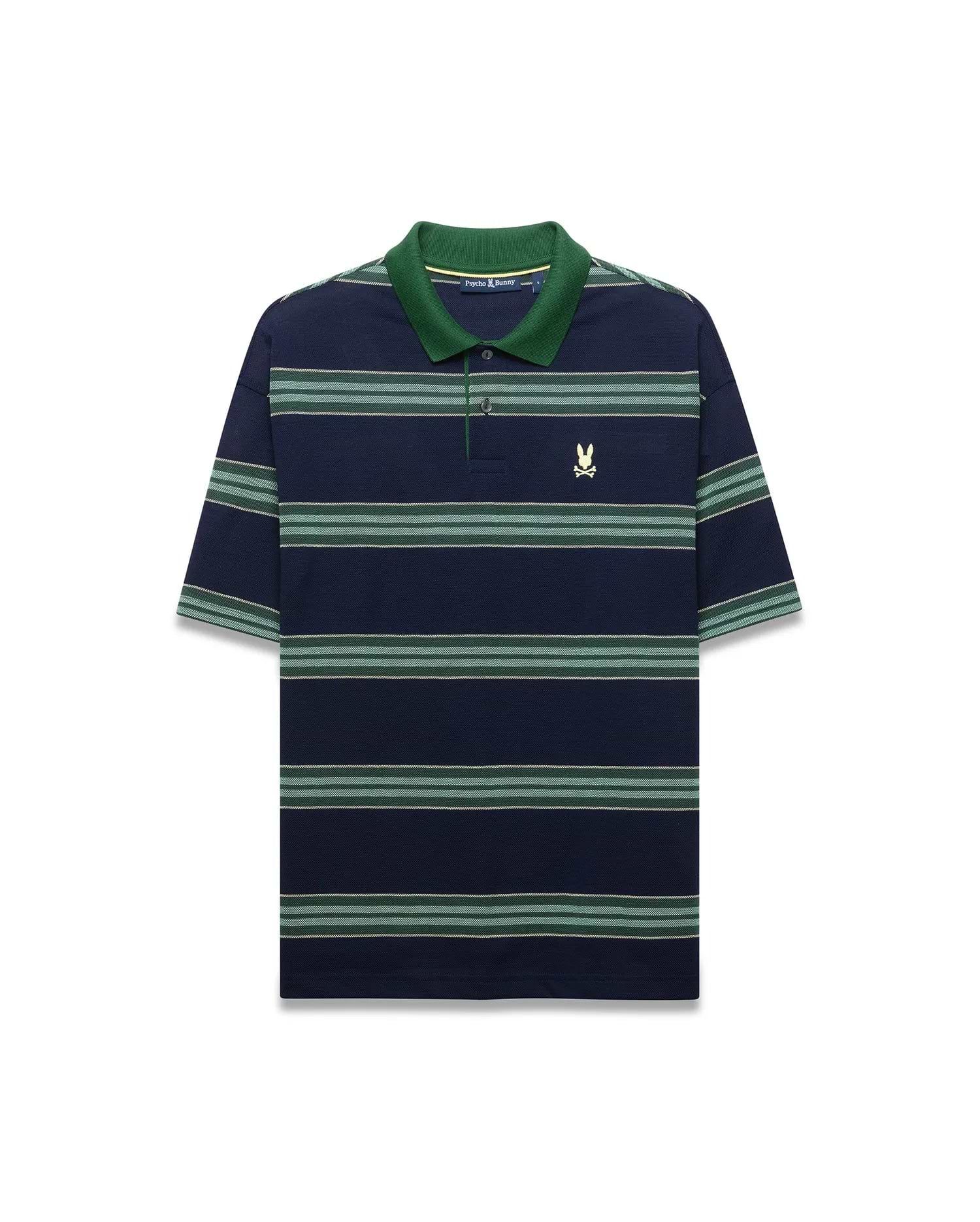 Mens Drew Striped Pique Polo in navy with alternating green, light green, and thin white stripes, a solid green collar, and a small embroidered Psycho Bunny skull logo on the left chest.