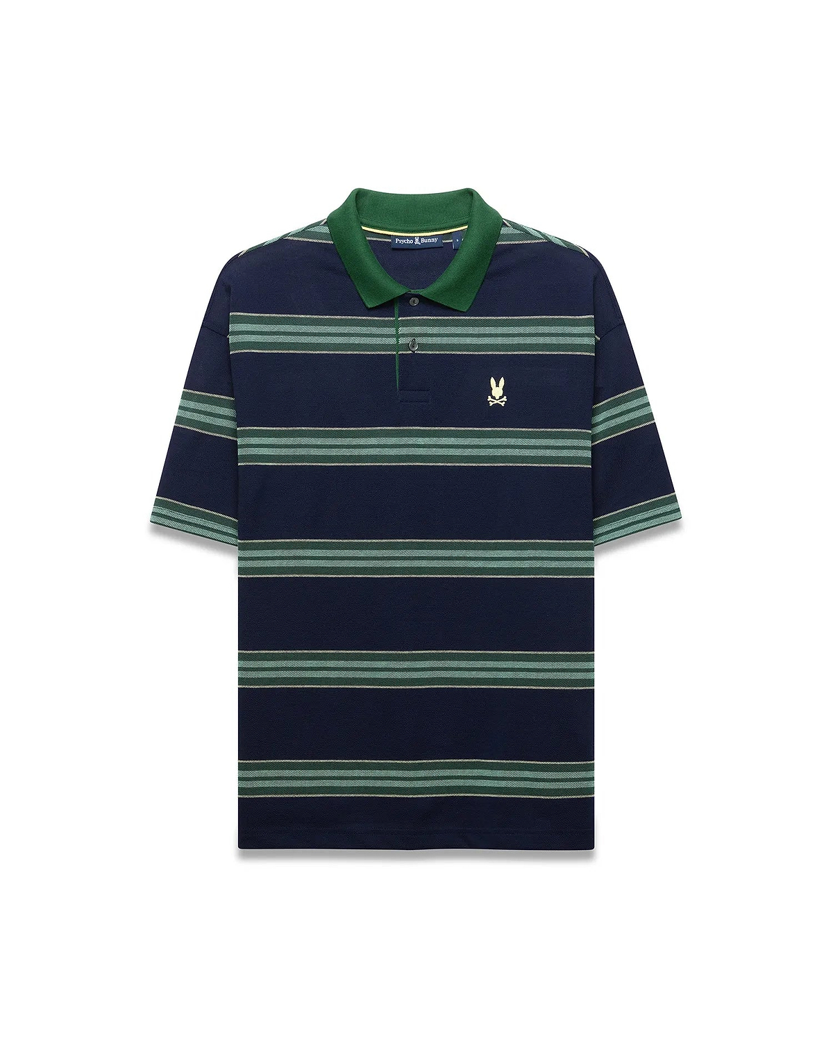 Mens Drew Striped Pique Polo in navy with alternating green, light green, and thin white stripes, a solid green collar, and a small embroidered Psycho Bunny skull logo on the left chest.
