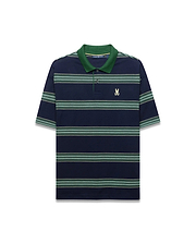 Mens Drew Striped Pique Polo in navy with alternating green, light green, and thin white stripes, a solid green collar, and a small embroidered Psycho Bunny skull logo on the left chest.