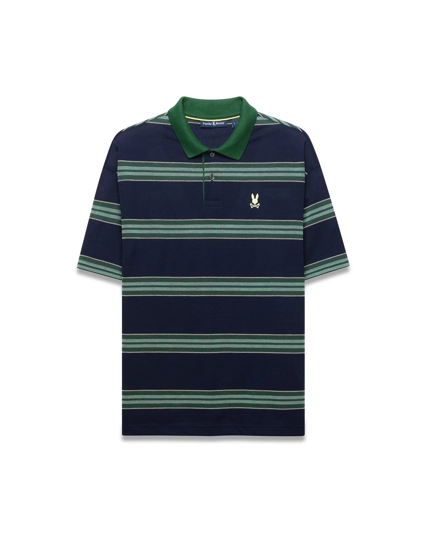 Mens Drew Striped Pique Polo in navy with alternating green, light green, and thin white stripes, a solid green collar, and a small embroidered Psycho Bunny skull logo on the left chest.