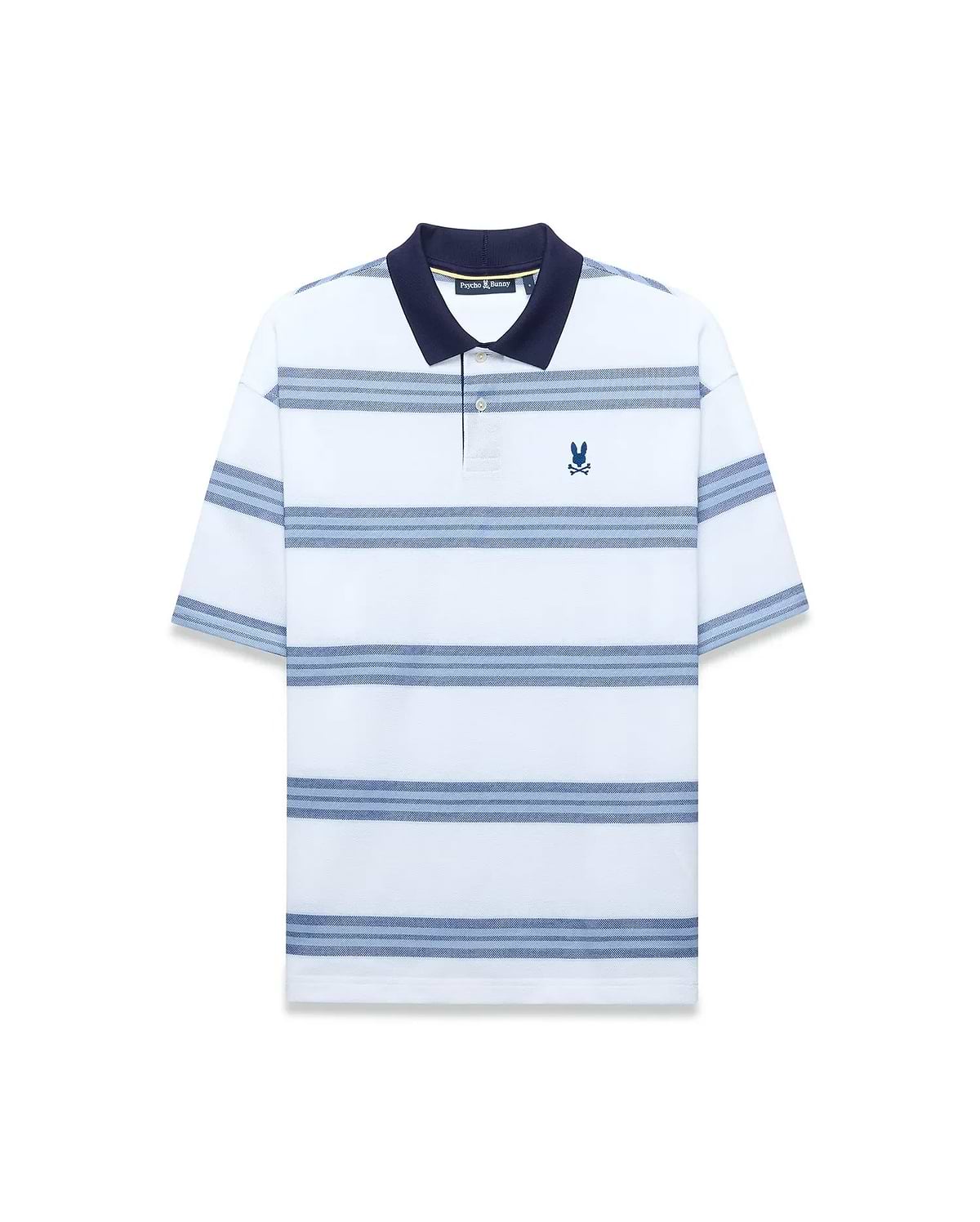 Mens Drew Striped Pique Polo, a classic fit white pique polo with navy collar, light and dark blue horizontal stripes, and a small embroidered navy Psycho Bunny skull logo on the left chest. (4)