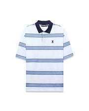 Mens Drew Striped Pique Polo, a classic fit white pique polo with navy collar, light and dark blue horizontal stripes, and a small embroidered navy Psycho Bunny skull logo on the left chest. (4)