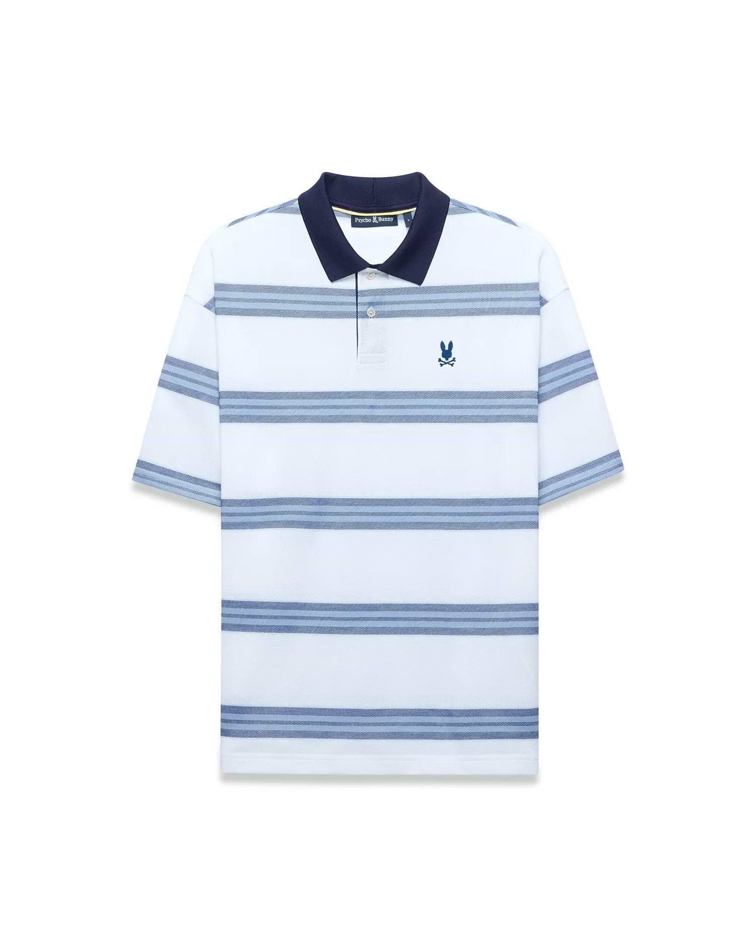 Mens Drew Striped Pique Polo, a classic fit white pique polo with navy collar, light and dark blue horizontal stripes, and a small embroidered navy Psycho Bunny skull logo on the left chest. (4)