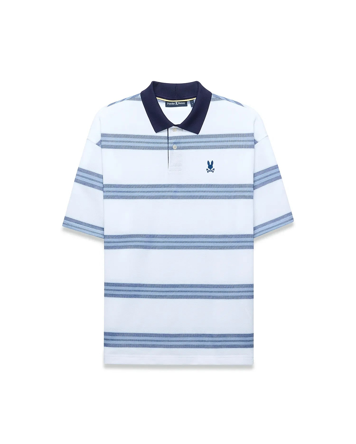 Mens Drew Striped Pique Polo, a classic fit white pique polo with navy collar, light and dark blue horizontal stripes, and a small embroidered navy Psycho Bunny skull logo on the left chest. (4)