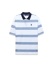 Mens Drew Striped Pique Polo, a classic fit white pique polo with navy collar, light and dark blue horizontal stripes, and a small embroidered navy Psycho Bunny skull logo on the left chest. (4)
