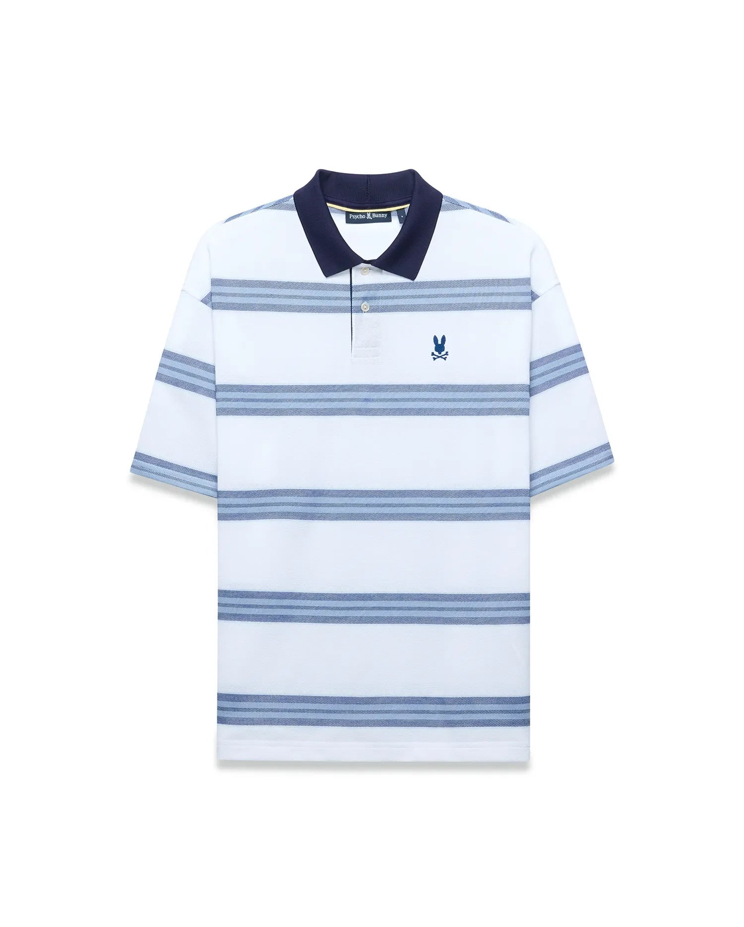 Mens Drew Striped Pique Polo, a classic fit white pique polo with navy collar, light and dark blue horizontal stripes, and a small embroidered navy Psycho Bunny skull logo on the left chest. (4)