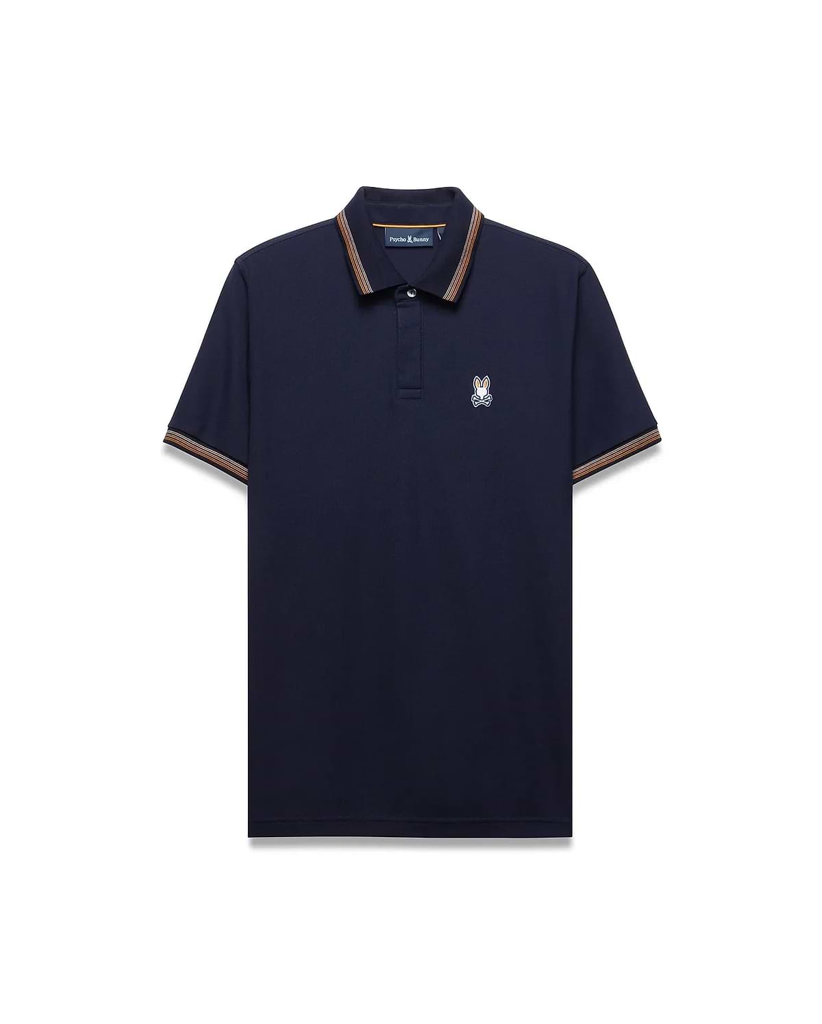 Mens Jaydon Pique Polo, classic fit navy pique polo shirt with ribbed collar and cuffs featuring orange and brown stripes, and a small embroidered white and blue Psycho Bunny skull logo on the left chest. (5)