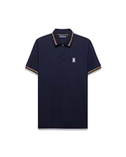 Mens Jaydon Pique Polo, classic fit navy pique polo shirt with ribbed collar and cuffs featuring orange and brown stripes, and a small embroidered white and blue Psycho Bunny skull logo on the left chest. (5)