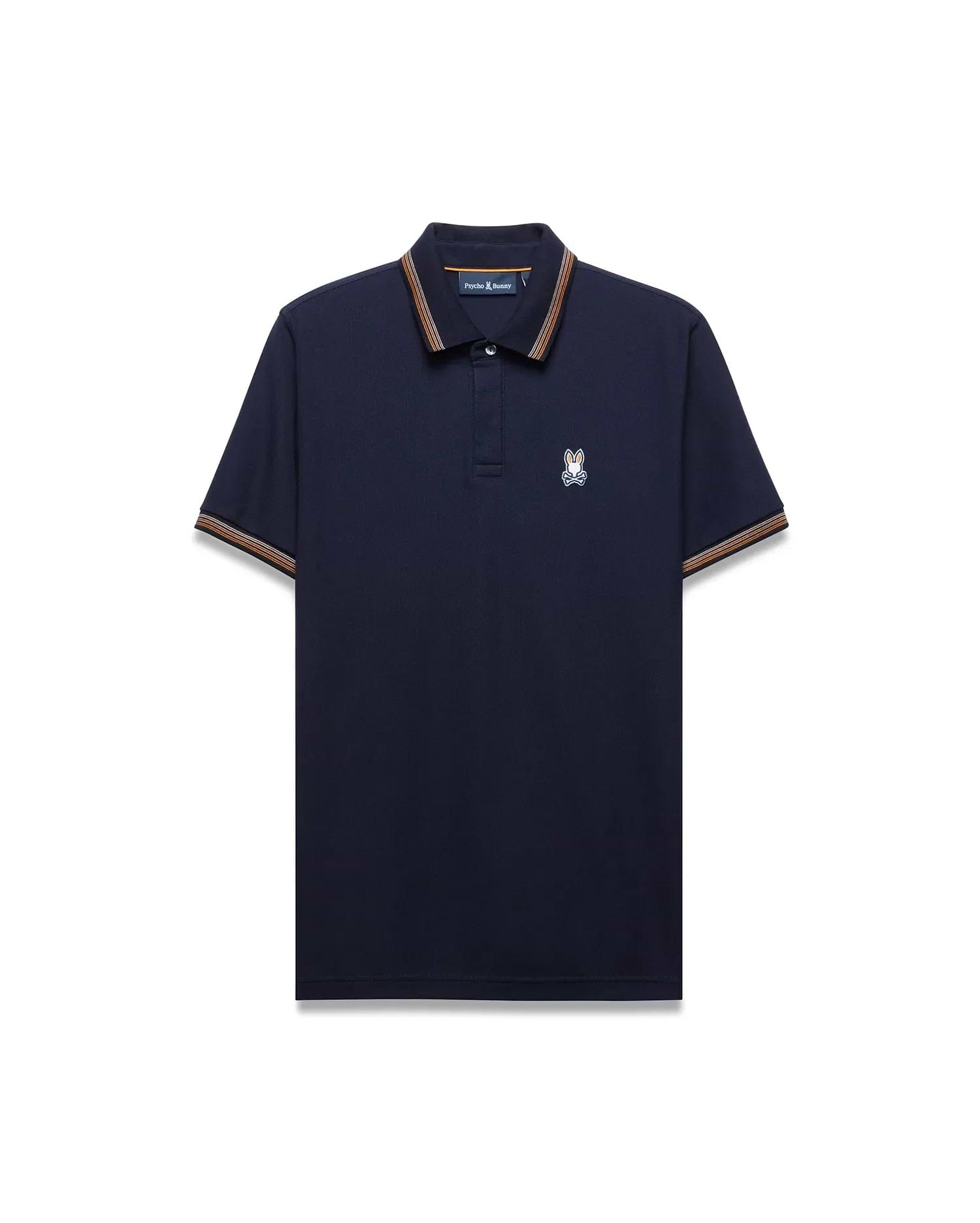 Mens Jaydon Pique Polo, classic fit navy pique polo shirt with ribbed collar and cuffs featuring orange and brown stripes, and a small embroidered white and blue Psycho Bunny skull logo on the left chest. (5)