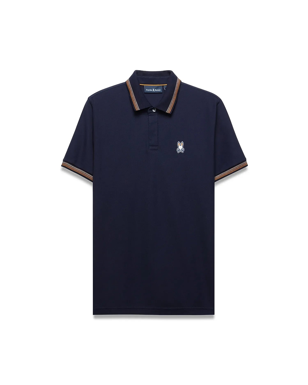 Mens Jaydon Pique Polo, classic fit navy pique polo shirt with ribbed collar and cuffs featuring orange and brown stripes, and a small embroidered white and blue Psycho Bunny skull logo on the left chest. (5)