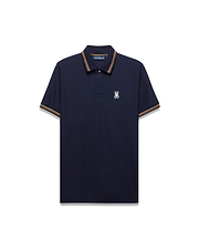 Mens Jaydon Pique Polo, classic fit navy pique polo shirt with ribbed collar and cuffs featuring orange and brown stripes, and a small embroidered white and blue Psycho Bunny skull logo on the left chest. (5)