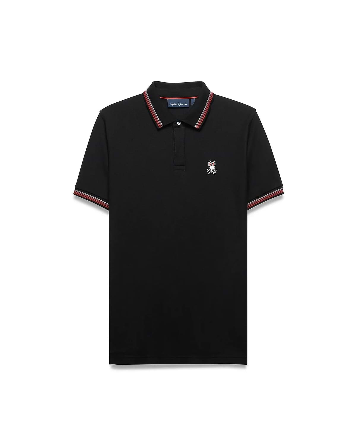Mens Jaydon Pique Polo, classic fit, black pique fabric with red and white striped collar and cuffs, featuring a small embroidered Psycho Bunny skull logo on the left chest. (5)
